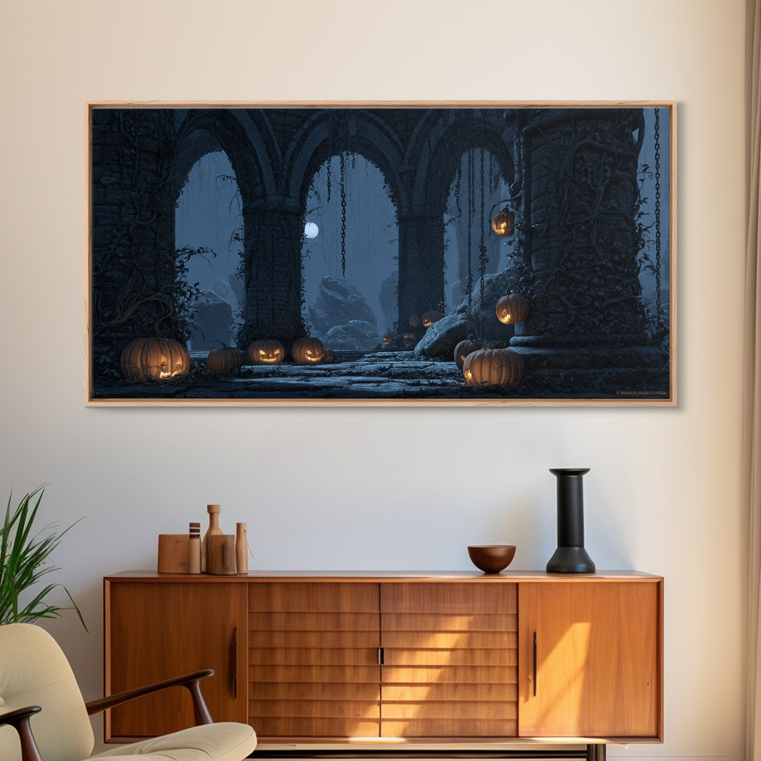 The Alien Pumpkin Patch, Wide Panoramic Art, Gothic Horror Wall Art, Framed Canvas Print, Halloween Wall Decor, Gothic Home Decor