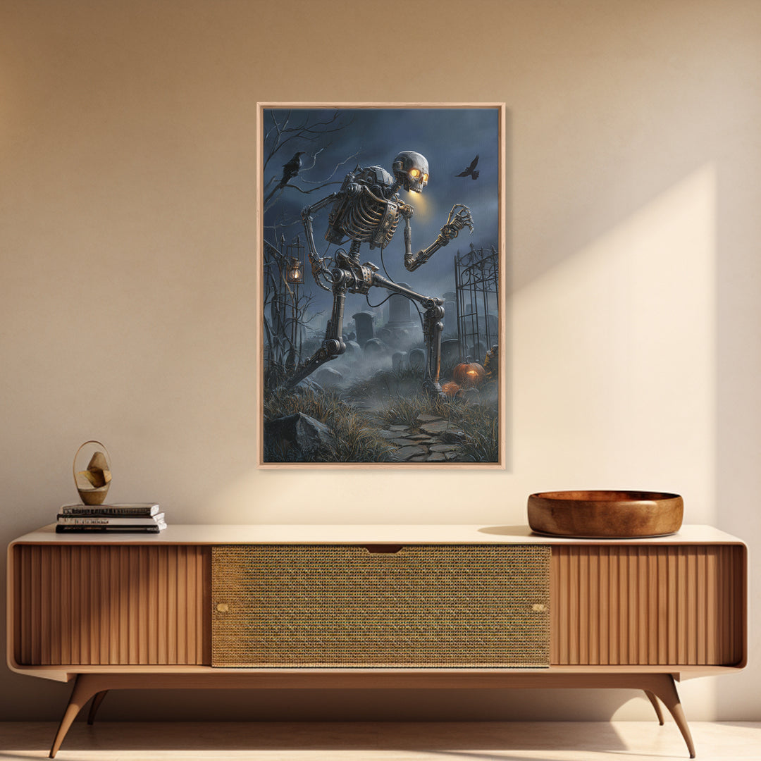 The Biomechanical Skeleton, Vertical Wall Art, Macabre Wall Art, Framed Canvas Print, Halloween Wall Decor, Gothic Home Decor
