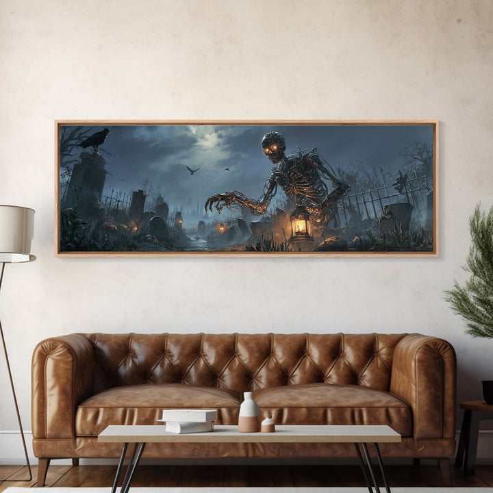 The Biomechanical Skeleton, Extra Wide Wall Art, Dark Fantasy Wall Art, Canvas Print, Halloween Wall Decor, Gothic Home Decor