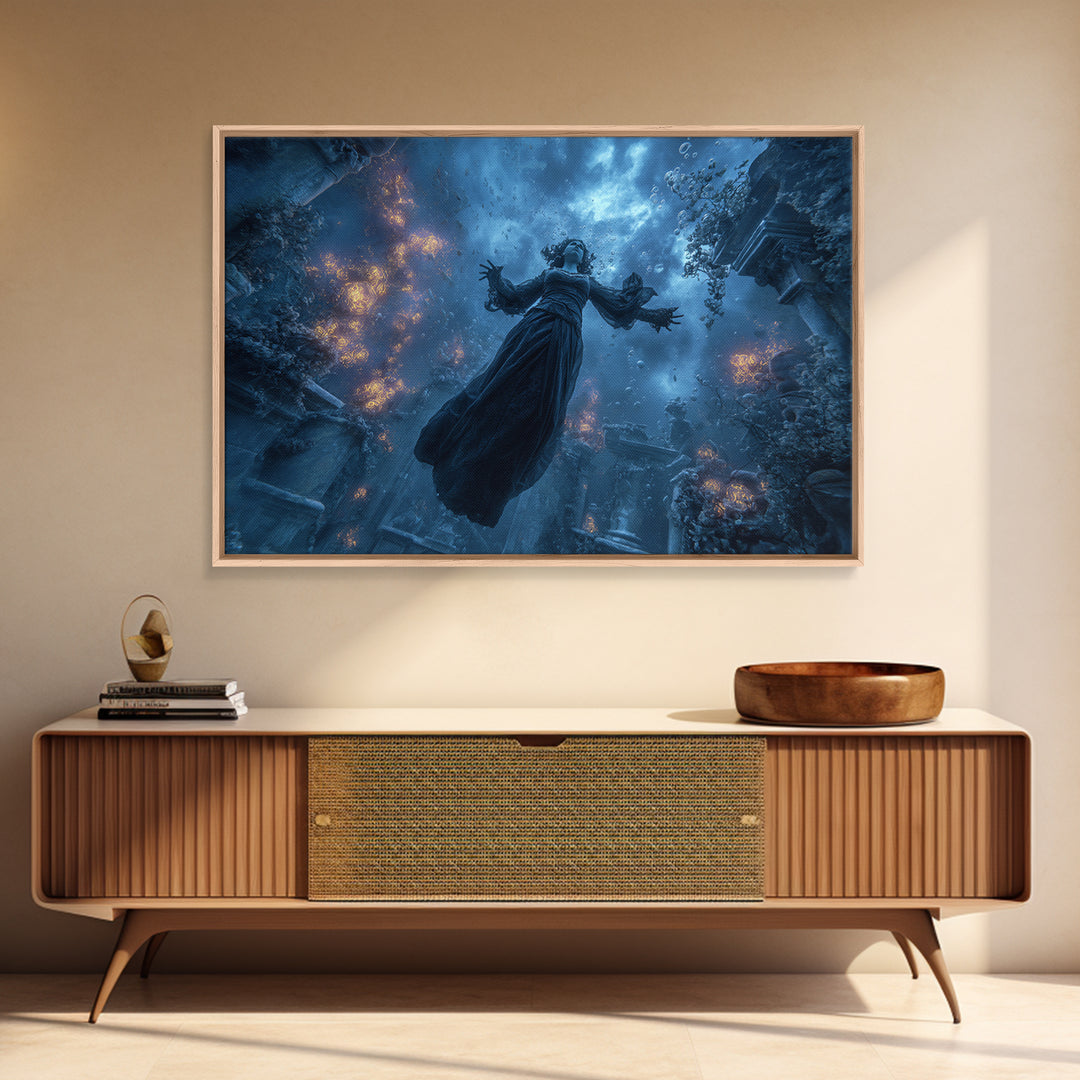 The Underwater Graveyard, Landscape Wall Art, Gothic Horror Wall Art, Framed Canvas Print, Halloween Wall Decor, Gothic Home Decor