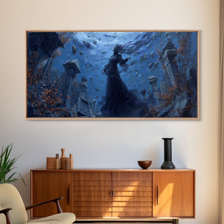 The Underwater Graveyard, Wide Panoramic Art, Haunted Gothic Art, Framed Canvas Print, Halloween Wall Decor, Gothic Home Decor