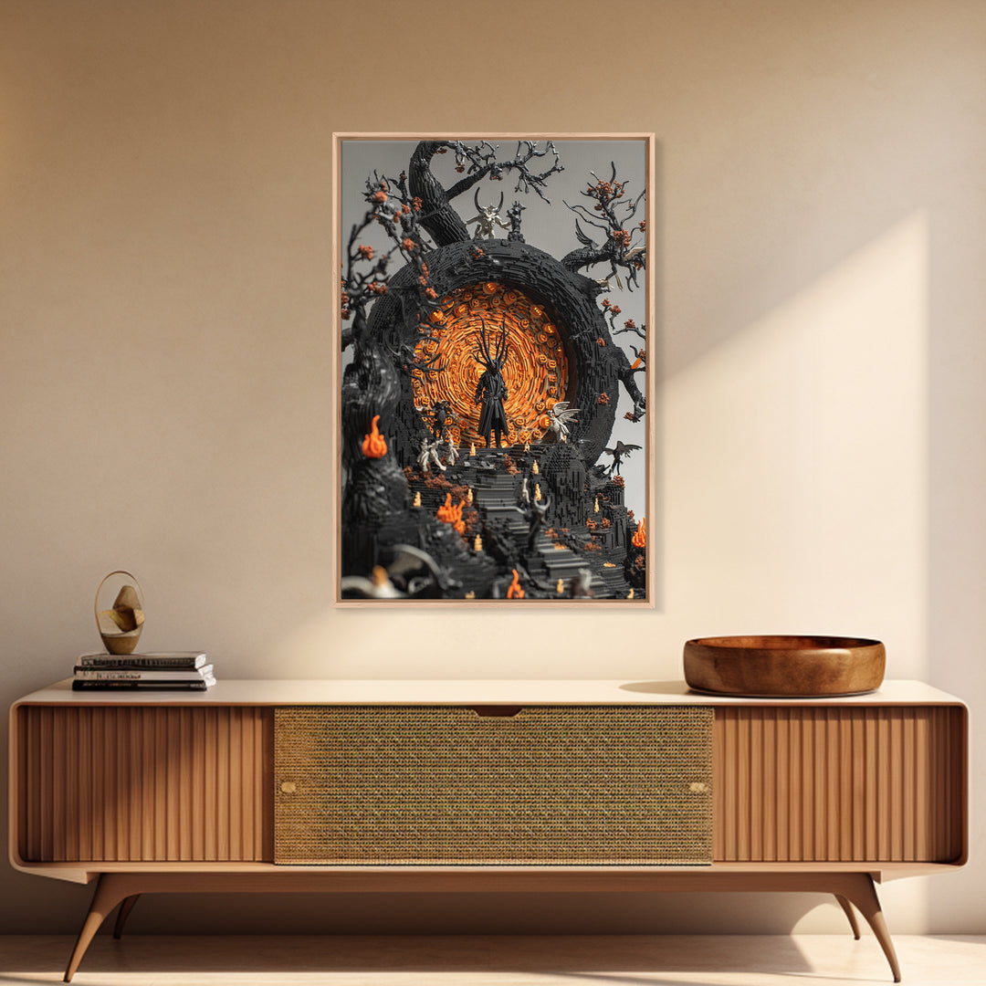 The Volcanic Demon Festival, Vertical Wall Art, Haunted Gothic Art, Framed Canvas Print, Halloween Wall Decor, Gothic Home Decor