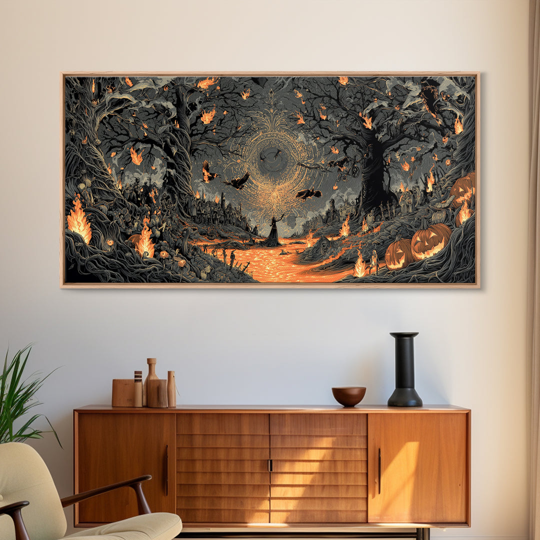 The Volcanic Demon Festival, Wide Panoramic Art, Haunted Gothic Art, Framed Canvas Print, Halloween Wall Decor, Gothic Home Decor