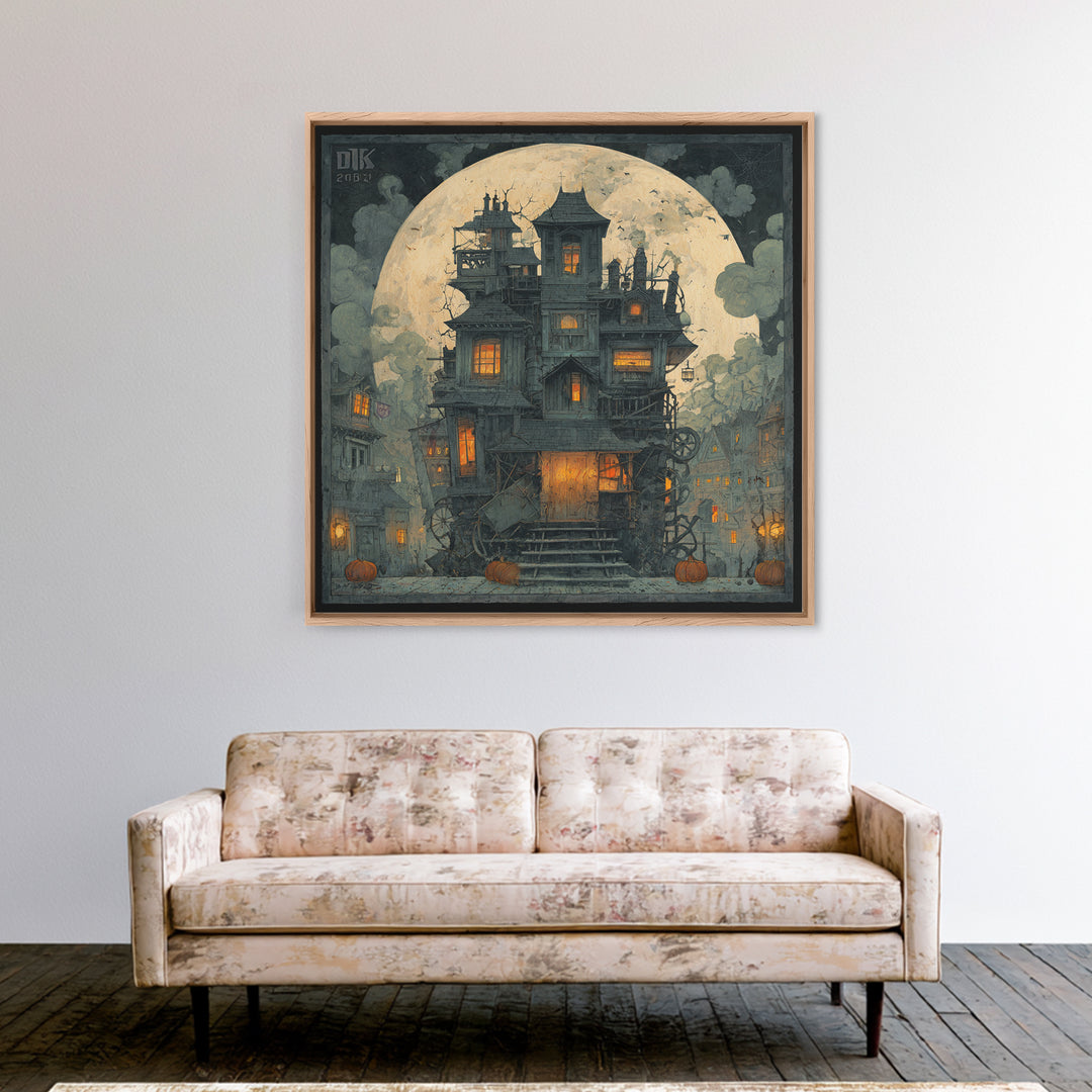 The Clockwork Haunted House, Square Wall Art, Dark Fantasy Wall Art, Canvas Print, Halloween Wall Decor, Gothic Home Decor