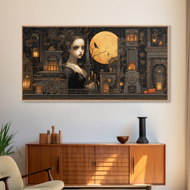 The Clockwork Haunted House, Wide Panoramic Art, Dark Halloween Decor, Canvas Print, Halloween Wall Decor, Gothic Home Decor