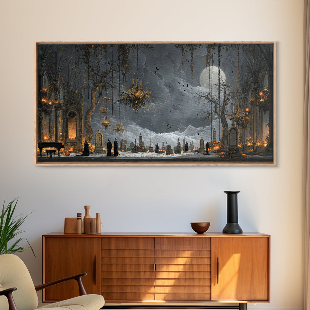 The Upside-Down Cemetery, Wide Panoramic Art, Macabre Wall Art, Framed Canvas Print, Halloween Wall Decor, Gothic Home Decor