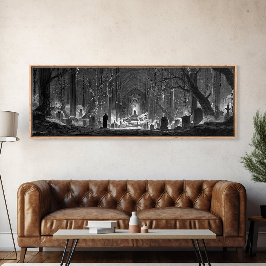 The Upside-Down Cemetery, Extra Wide Wall Art, Gothic Horror Wall Art, Framed Canvas Print, Halloween Wall Decor, Gothic Home Decor