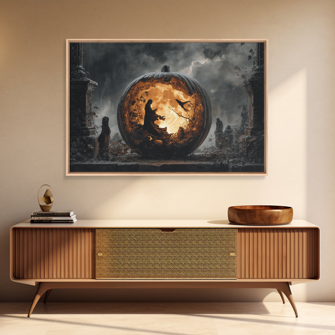 The Moon Inside A Pumpkin, Landscape Wall Art, Macabre Wall Art, Framed Canvas Print, Halloween Wall Decor, Gothic Home Decor
