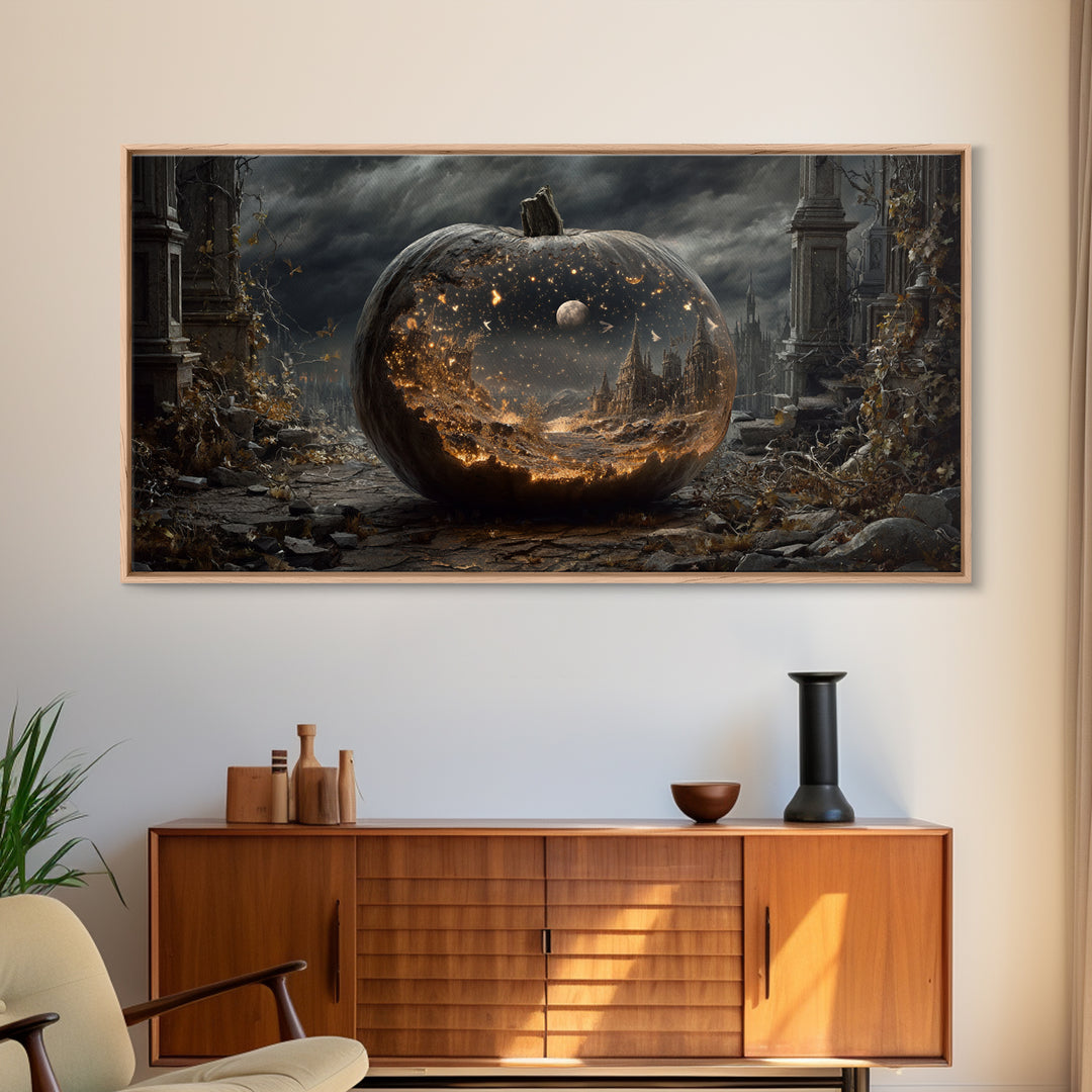 The Moon Inside A Pumpkin, Wide Panoramic Art, Dark Halloween Decor, Canvas Print, Halloween Wall Decor, Gothic Home Decor