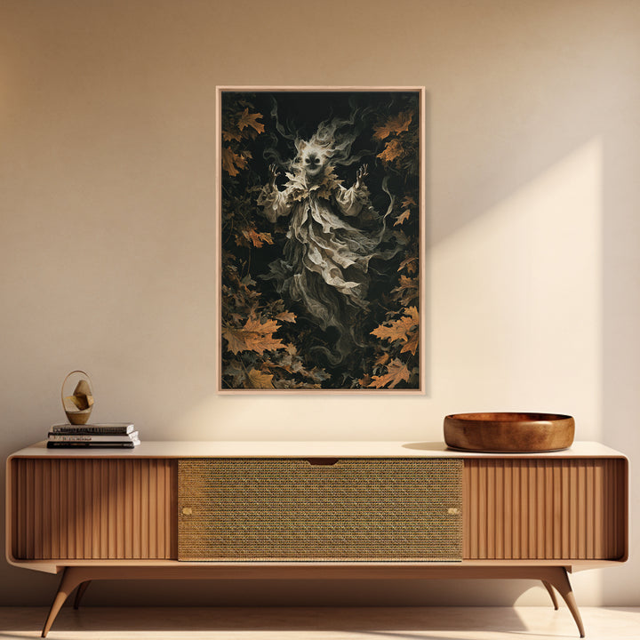 The Autumn-Leaf Ghost, Vertical Wall Art, Gothic Horror Wall Art, Framed Canvas Print, Halloween Wall Decor, Gothic Home Decor