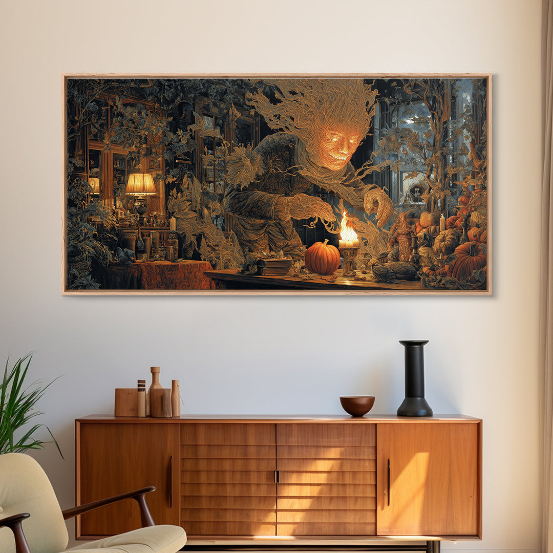The Autumn-Leaf Ghost, Wide Panoramic Art, Macabre Wall Art, Framed Canvas Print, Halloween Wall Decor, Gothic Home Decor, Spooky Wall Decor
