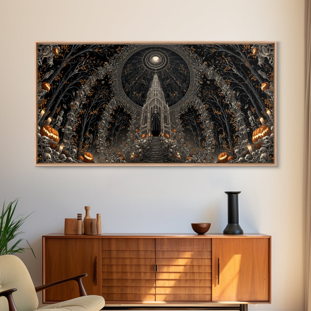 The Cathedral Of Bones, Wide Panoramic Art, Dark Halloween Decor, Canvas Print, Halloween Wall Decor, Gothic Home Decor