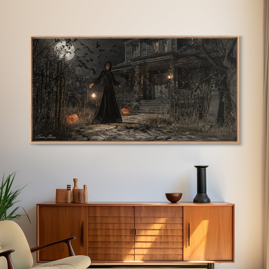 The Last House At The World'S Edge, Wide Panoramic Art, Haunted Gothic Art, Framed Canvas Print, Halloween Wall Decor, Gothic Home Decor