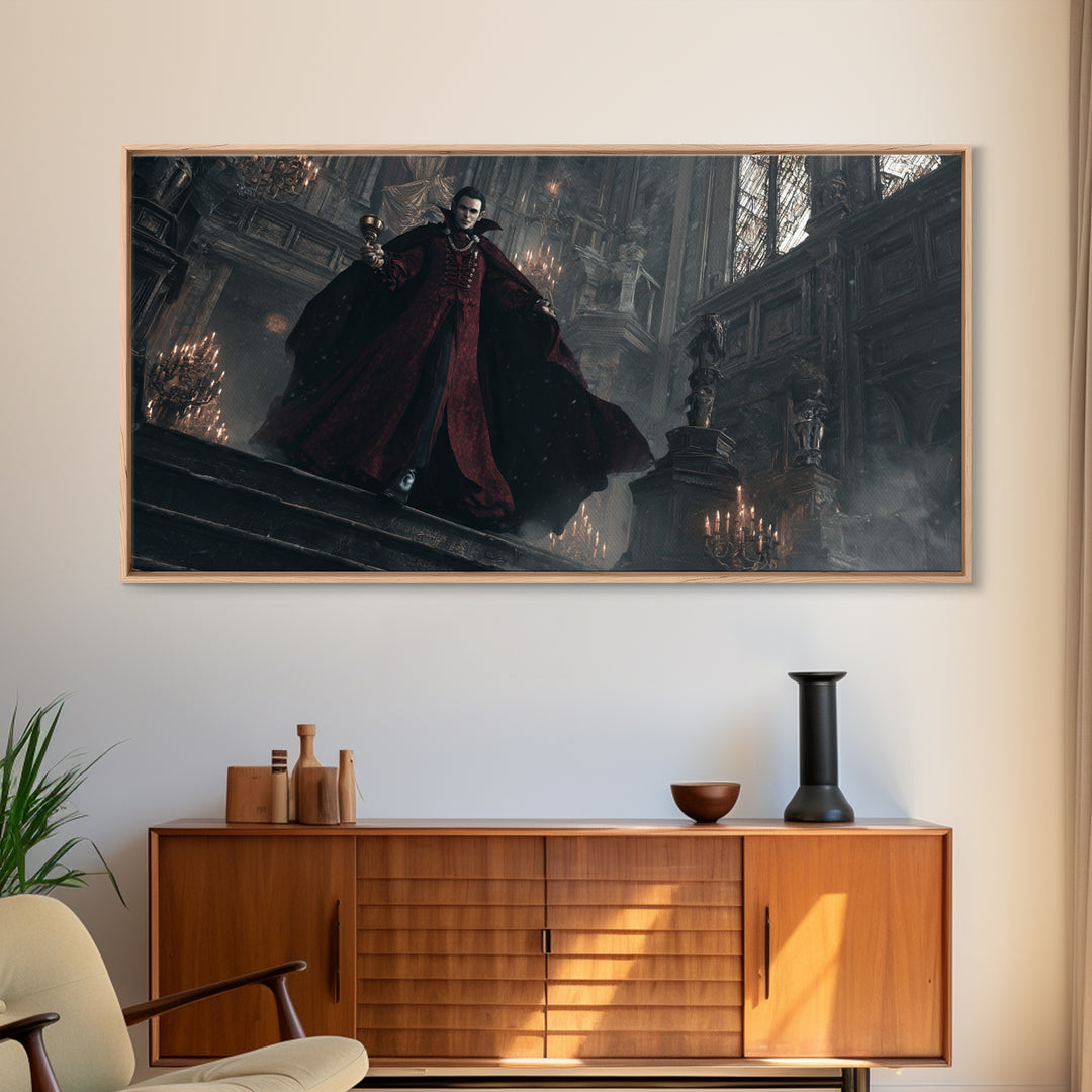 The Crimson Count Of Hollow Keep, Wide Panoramic Art, Gothic Horror Wall Art, Framed Canvas Print, Halloween Wall Decor, Gothic Home Decor