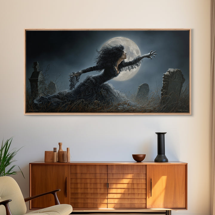 The Widow Wolf Of Briar Moon, Wide Panoramic Art, Macabre Wall Art, Framed Canvas Print, Halloween Wall Decor, Gothic Home Decor