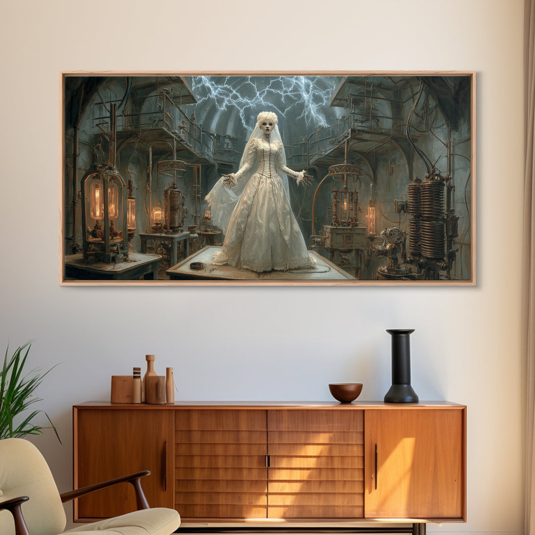 The Stitched Bride Of Thunder Hall, Wide Panoramic Art, Dark Fantasy Wall Art, Canvas Print, Halloween Wall Decor, Gothic Home Decor