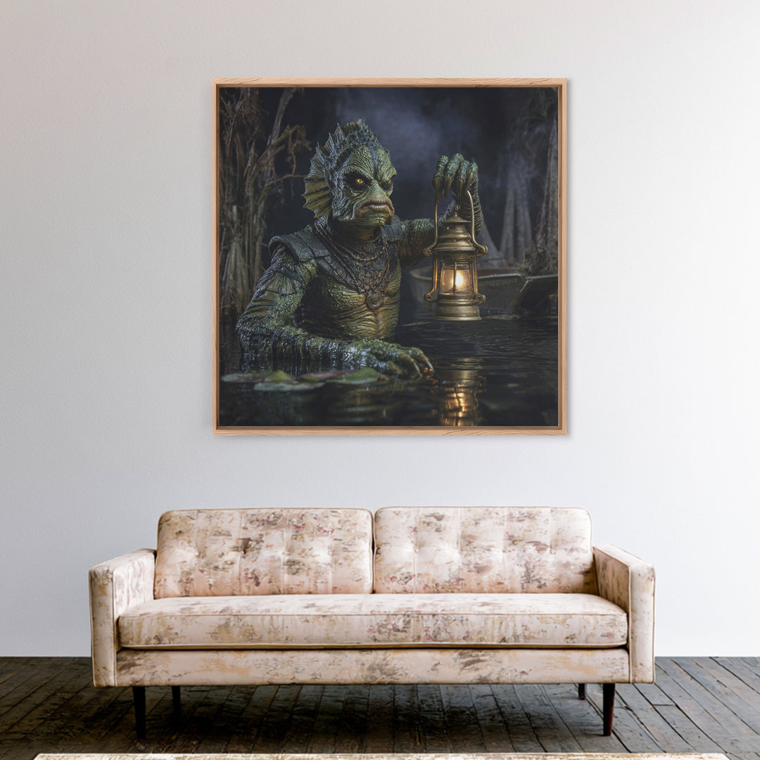 The Creature Of Lantern Lagoon, Square Wall Art, Macabre Wall Art, Framed Canvas Print, Halloween Wall Decor, Gothic Home Decor
