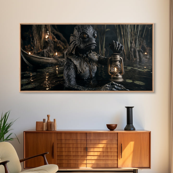 The Creature Of Lantern Lagoon, Wide Panoramic Art, Haunted Gothic Art, Framed Canvas Print, Halloween Wall Decor, Gothic Home Decor