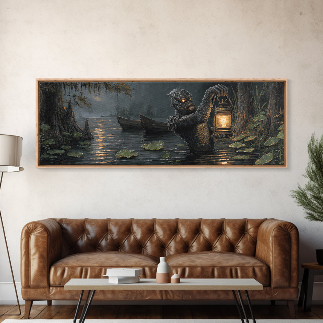 The Creature Of Lantern Lagoon, Extra Wide Wall Art, Spooky Home Decor, Canvas Print, Halloween Wall Decor, Gothic Home Decor