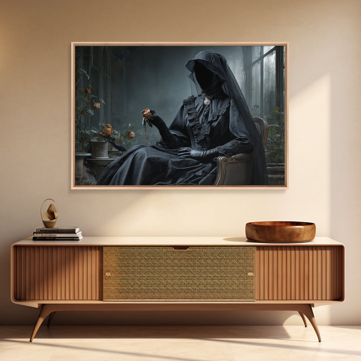 The Invisible Mourner Of Glass House, Landscape Wall Art, Haunted Gothic Art, Framed Canvas Print, Halloween Wall Decor, Gothic Home Decor