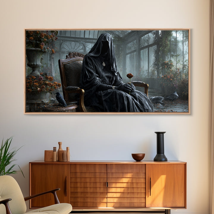 The Invisible Mourner Of Glass House, Wide Panoramic Art, Gothic Horror Wall Art, Framed Canvas Print, Halloween Wall Decor