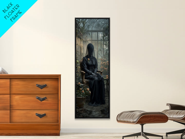 The Invisible Mourner Of Glass House, Tall Narrow Wall Art, Haunted Gothic Art, Framed Canvas Print, Halloween Wall Decor, Gothic Home Decor