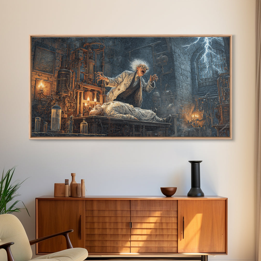 Doctor Vesper'S Resurrection Engine, Wide Panoramic Art, Dark Halloween Decor, Canvas Print, Halloween Wall Decor, Gothic Home Decor