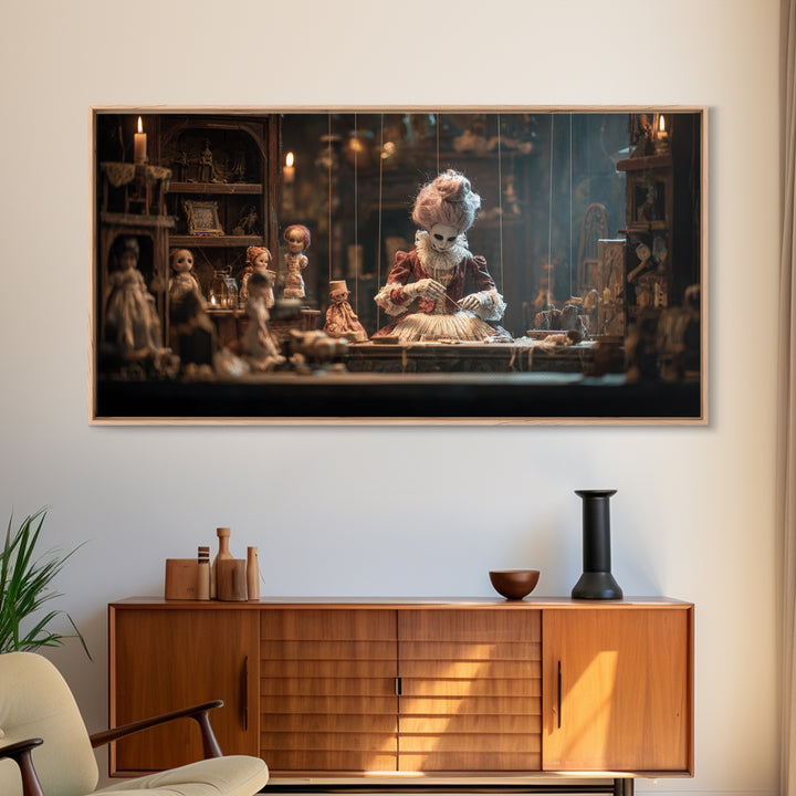 The Dollmaker Of Hollow Ward, Wide Panoramic Art, Macabre Wall Art, Framed Canvas Print, Halloween Wall Decor, Gothic Home Decor