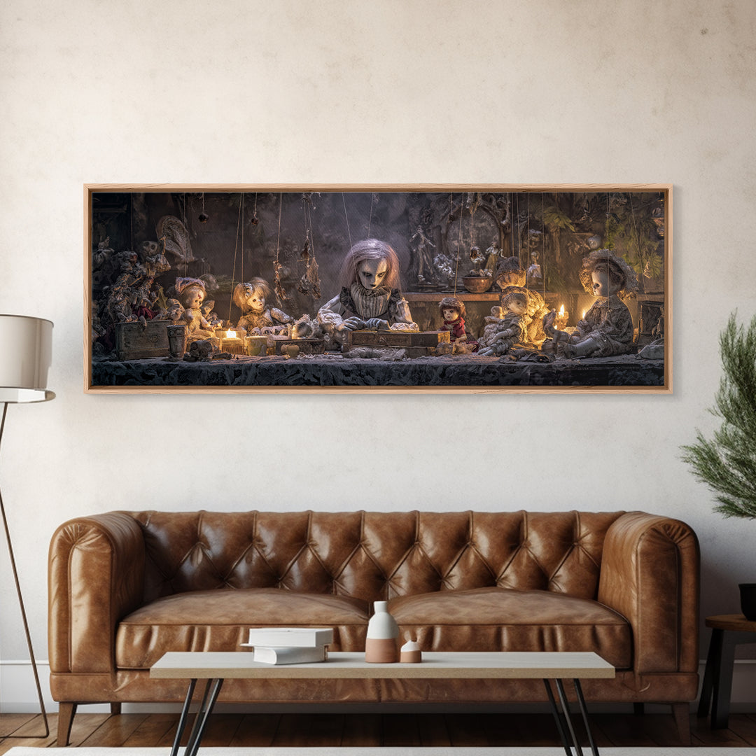 The Dollmaker Of Hollow Ward, Extra Wide Wall Art, Macabre Wall Art, Framed Canvas Print, Halloween Wall Decor, Gothic Home Decor