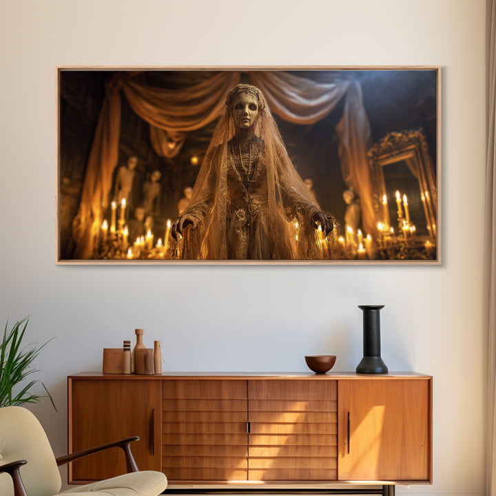 The Wax Bride Of Mourning Hall, Wide Panoramic Art, Macabre Wall Art, Framed Canvas Print, Halloween Wall Decor, Gothic Home Decor