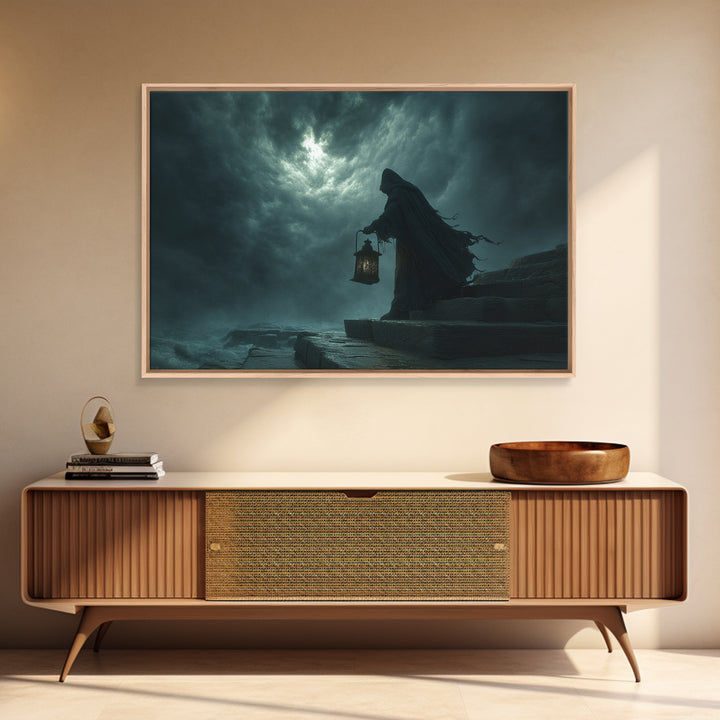 The Lantern-Bearer Of R’Lyeh, Landscape Wall Art, Spooky Home Decor, Framed Canvas Print, Halloween Wall Decor, Gothic Home Decor