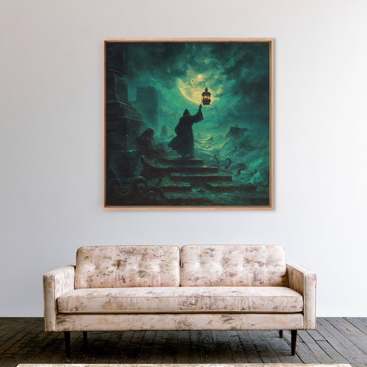 The Lantern-Bearer Of R’Lyeh, Square Wall Art, Spooky Home Decor, Framed Canvas Print, Halloween Wall Decor, Gothic Home Decor