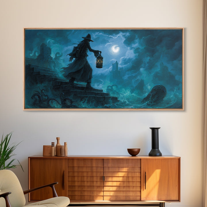 The Lantern-Bearer Of R’Lyeh, Wide Panoramic Art, Lovecraftian Horror Art, Canvas Print, Halloween Wall Decor, Gothic Home Decor