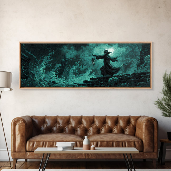 The Lantern-Bearer Of R’Lyeh, Extra Wide Wall Art, Eldritch Gothic Decor, Framed Canvas Print, Halloween Wall Decor, Gothic Home Decor