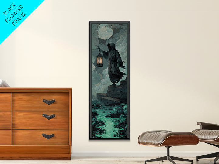 The Lantern-Bearer Of R’Lyeh, Tall Narrow Wall Art, Gothic Horror Wall Art, Framed Canvas Print, Halloween Wall Decor, Gothic Home Decor