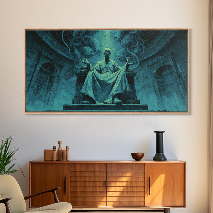 The Dreaming Priest Of The Outer Gate, Wide Panoramic Art, Gothic Horror Wall Art, Framed Canvas Print, Halloween Wall Decor