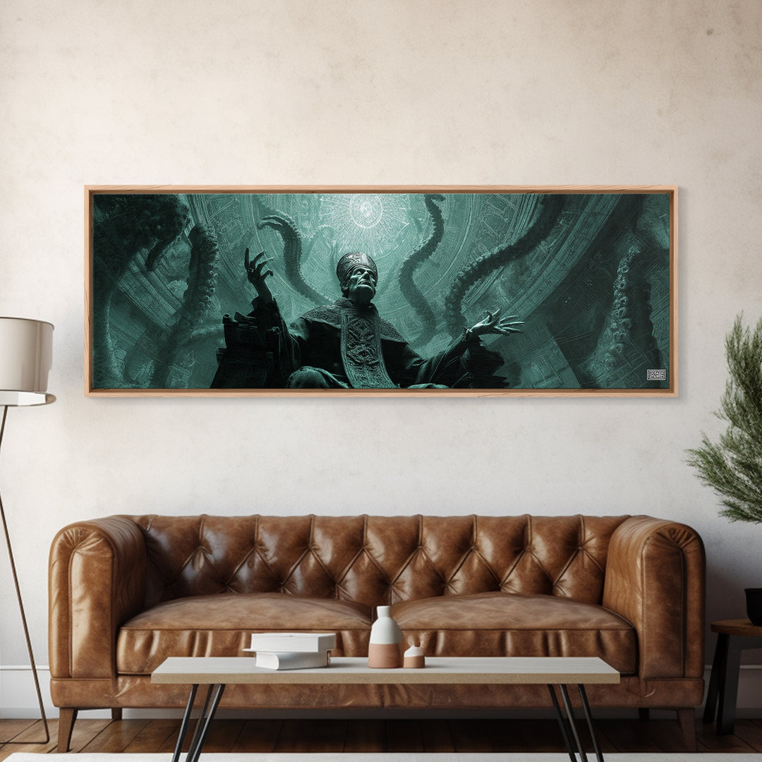 The Dreaming Priest Of The Outer Gate, Extra Wide Wall Art, Cosmic Horror Wall Art, Framed Canvas Print, Halloween Wall Decor