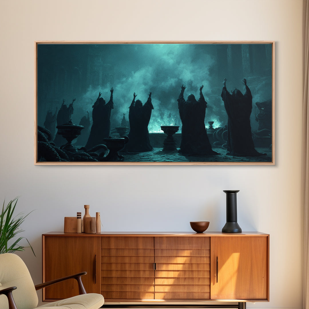 The Choir Of Deepwater Acolytes, Wide Panoramic Art, Dark Fantasy Wall Art, Canvas Print, Halloween Wall Decor, Gothic Home Decor