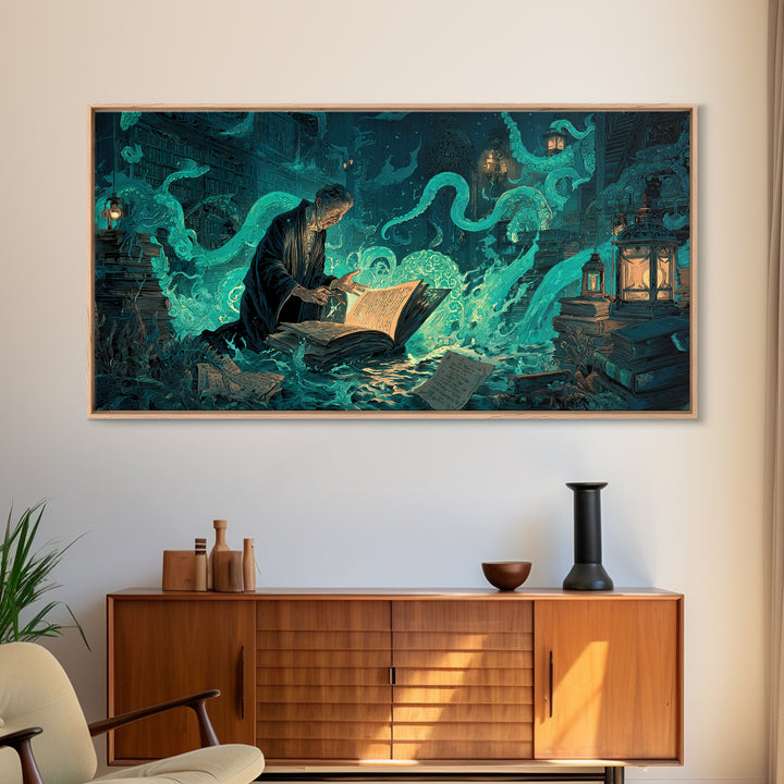The Librarian Of Forbidden Tides, Wide Panoramic Art, Lovecraftian Horror Art, Canvas Print, Halloween Wall Decor, Gothic Home Decor