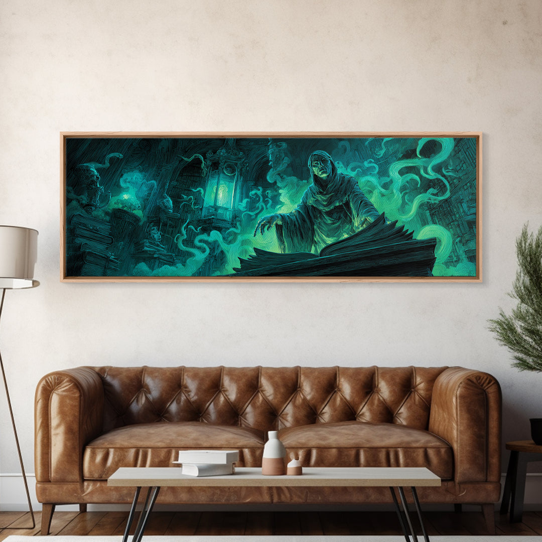 The Librarian Of Forbidden Tides, Extra Wide Wall Art, Cosmic Horror Wall Art, Canvas Print, Halloween Wall Decor, Gothic Home Decor