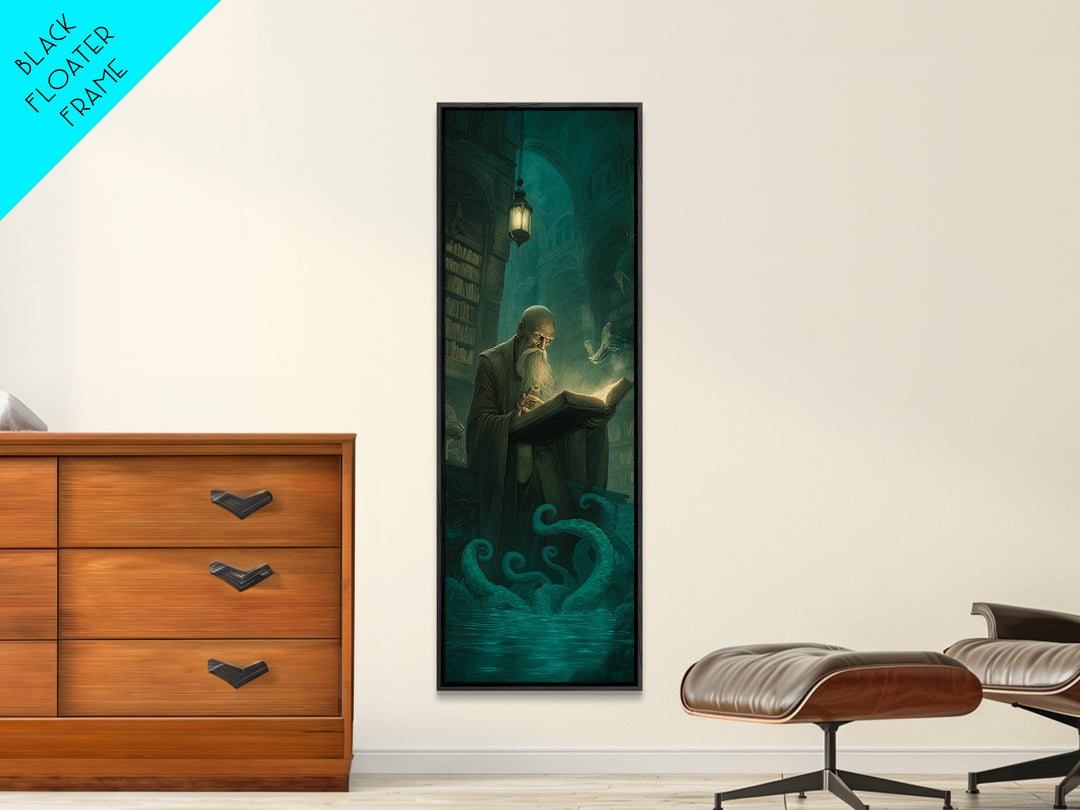 The Librarian Of Forbidden Tides, Tall Narrow Wall Art, Dark Fantasy Wall Art, Framed Canvas Print, Halloween Wall Decor, Gothic Home Decor