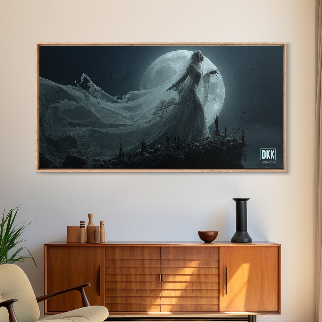 The Bride Of The Abyssal Moon, Wide Panoramic Art, Spooky Home Decor, Canvas Print, Halloween Wall Decor, Gothic Home Decor, Halloween Decor