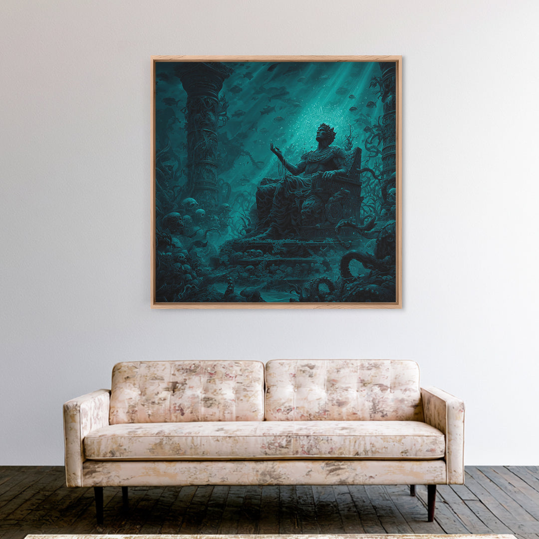 The Watcher In The Coral Throne, Square Wall Art, Lovecraftian Horror Art, Framed Canvas Print, Halloween Wall Decor, Gothic Home Decor
