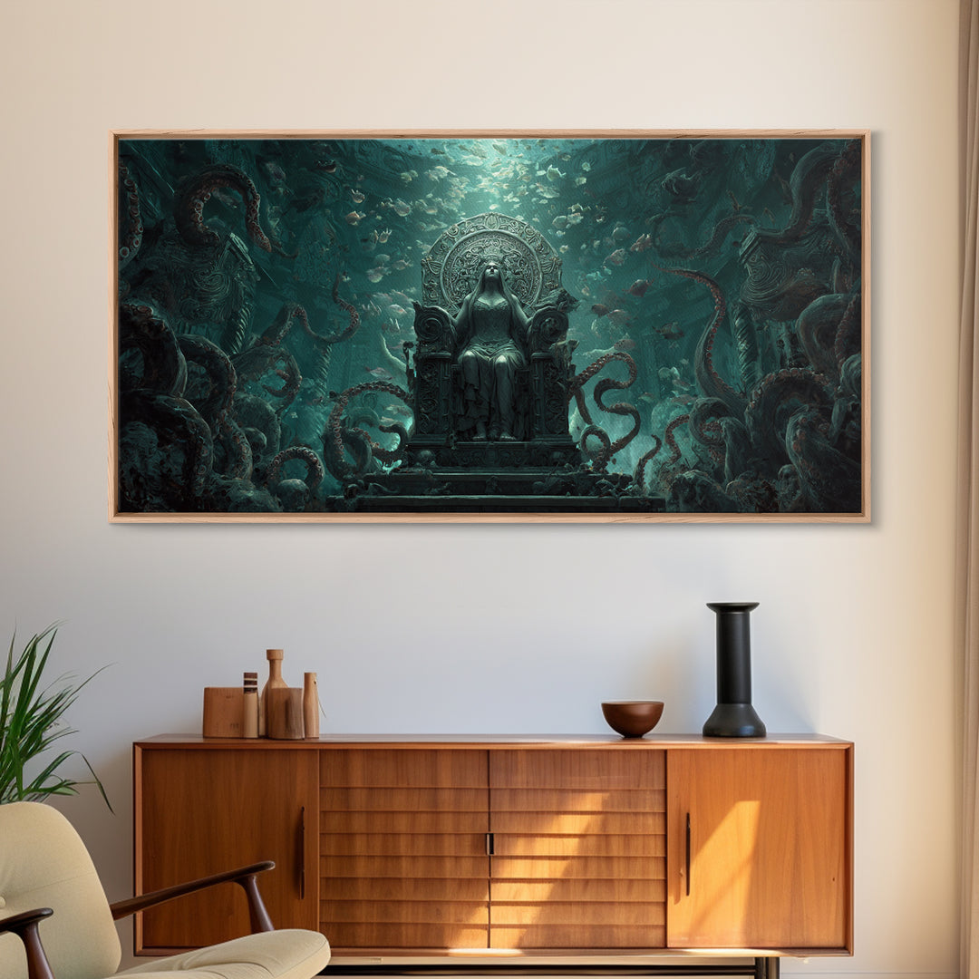 The Watcher In The Coral Throne, Wide Panoramic Art, Lovecraftian Horror Art, Framed Canvas Print, Halloween Wall Decor, Gothic Home Decor