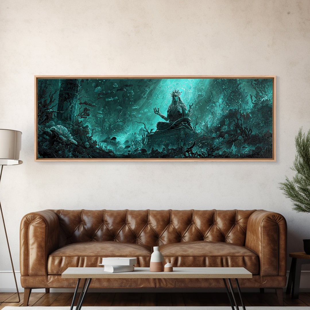 The Watcher In The Coral Throne, Extra Wide Wall Art, Cosmic Horror Wall Art, Framed Canvas Print, Halloween Wall Decor, Gothic Home Decor