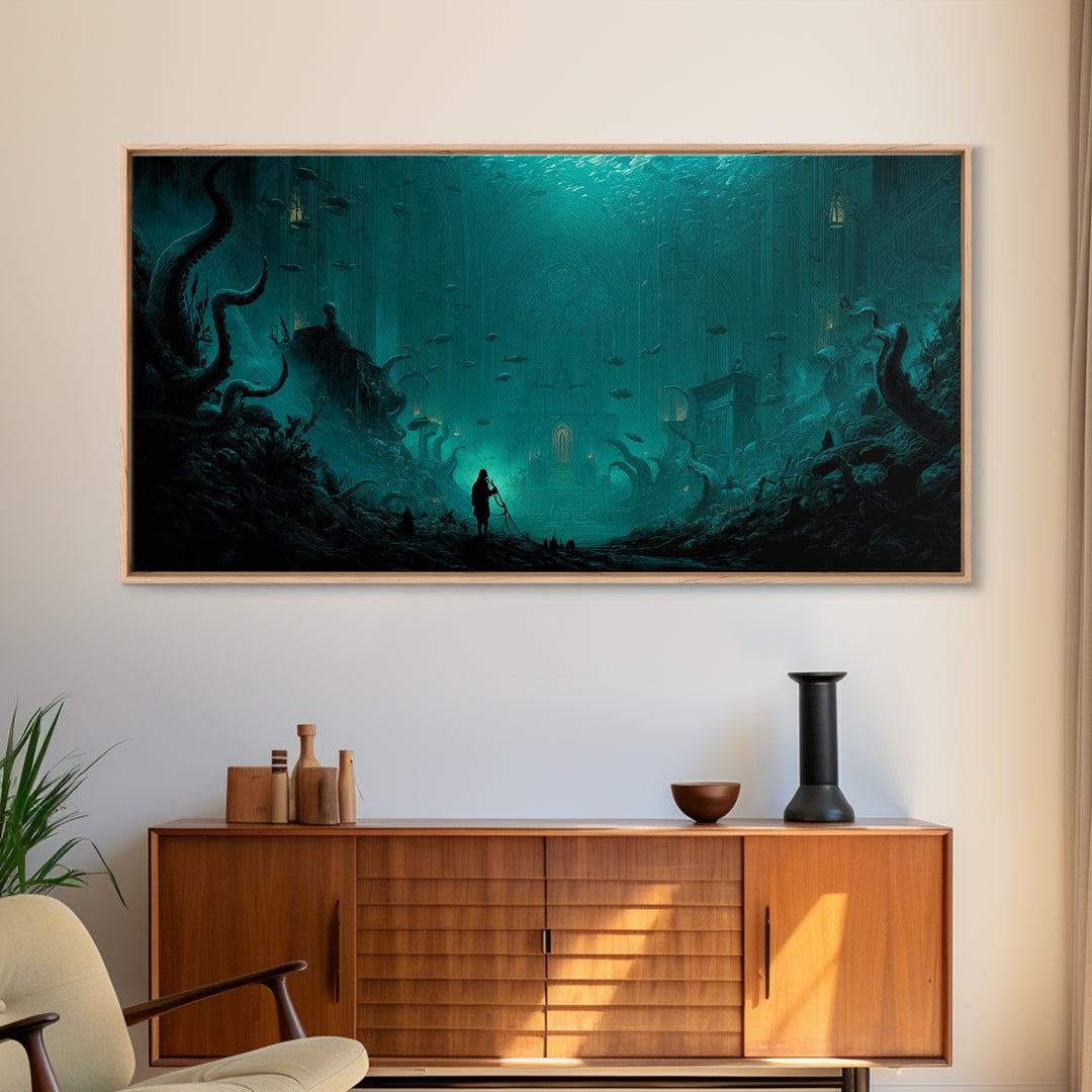 The Bellringer Of The Sunken Cathedral, Wide Panoramic Art, Spooky Home Decor, Canvas Print, Halloween Wall Decor, Gothic Home Decor