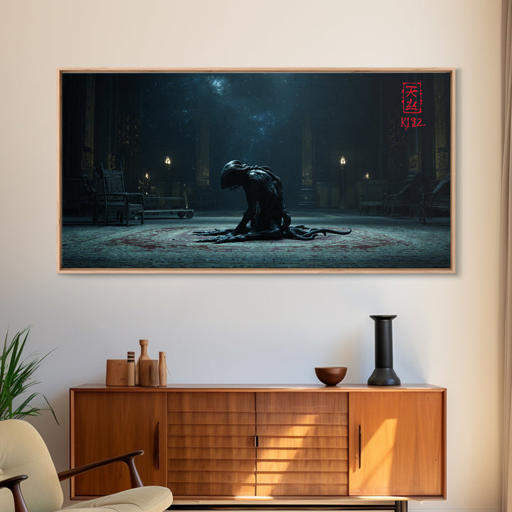 The Crawler Beneath The Floor Of Stars, Wide Panoramic Art, Eldritch Gothic Decor, Framed Canvas Print, Halloween Wall Decor