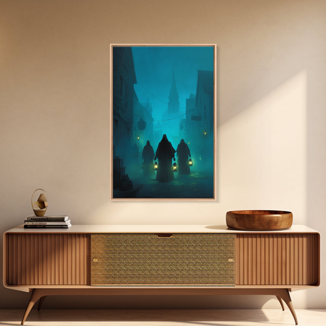 The Innsmouth Lantern Procession, Vertical Wall Art, Spooky Home Decor, Framed Canvas Print, Halloween Wall Decor, Gothic Home Decor