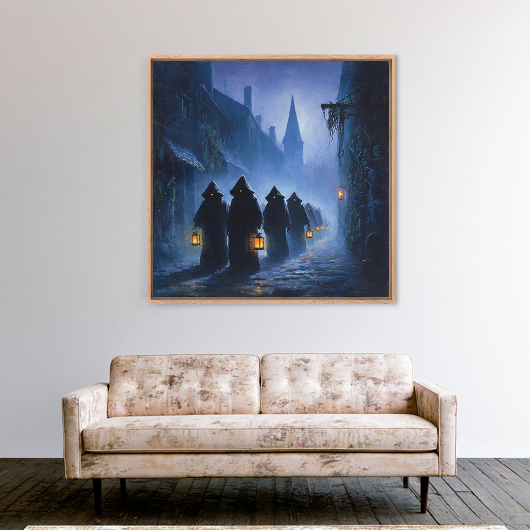 The Innsmouth Lantern Procession, Square Wall Art, Gothic Horror Wall Art, Framed Canvas Print, Halloween Wall Decor, Gothic Home Decor