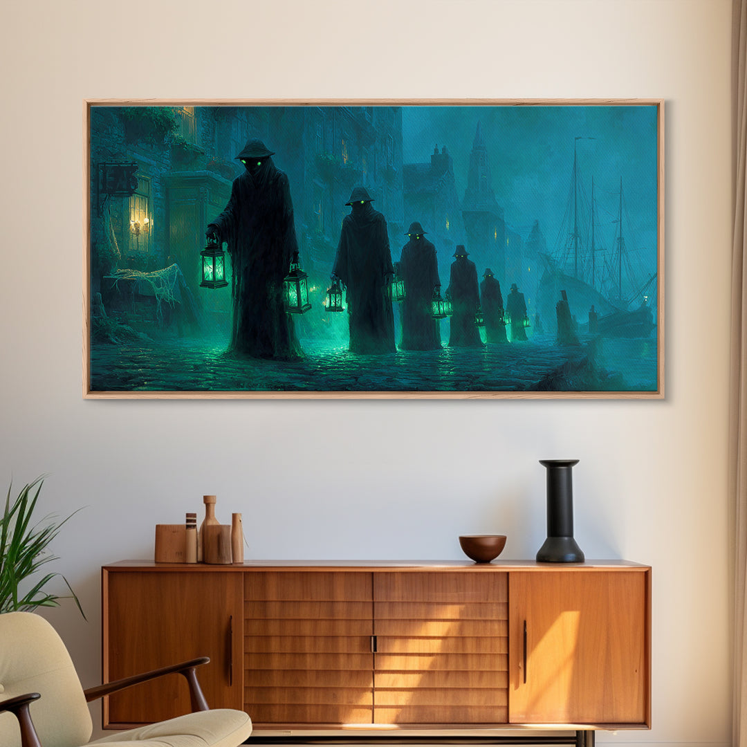 The Innsmouth Lantern Procession, Wide Panoramic Art, Eldritch Gothic Decor, Canvas Print, Halloween Wall Decor, Gothic Home Decor
